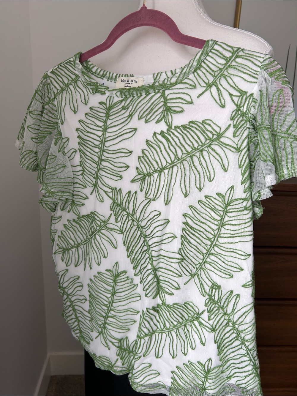Kim & Cami White Mesh Blouse with Green Leaf Embroidery
